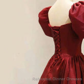 Burgundy A-line Satin Vintage Women Dresses Long Semi Formal Prom Dresses